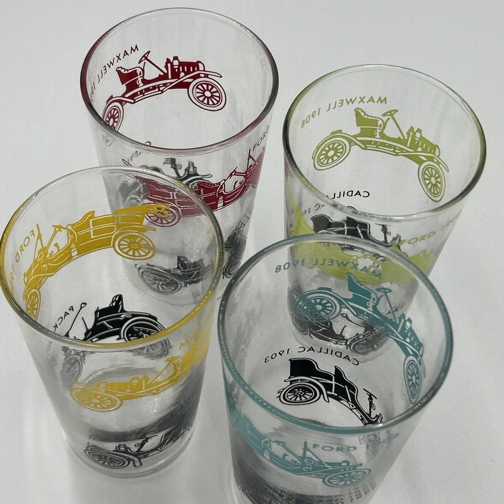 Federal Glass MCM Antique Automobile Glasses Ford Maxwell Cadillac Packard Set 4